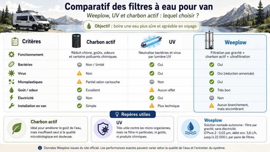 Comparatif des solutions pour filtrer l’eau en van : charbon actif, UV et Weeplow