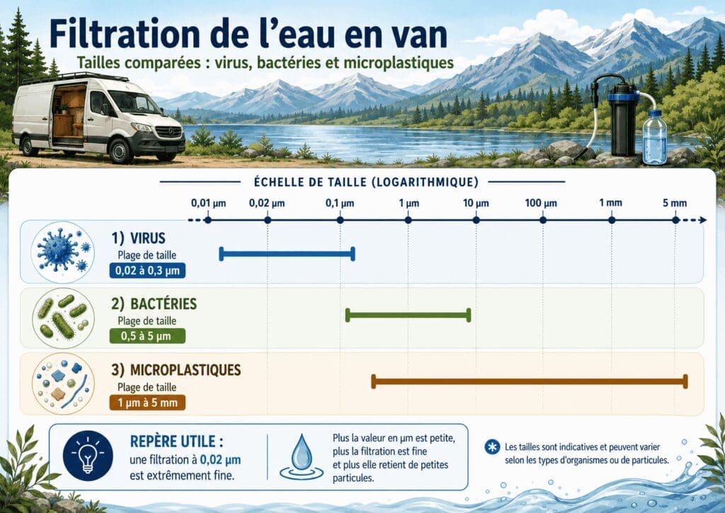 Schéma comparatif des tailles des virus, bactéries et microplastiques pour comprendre la filtration de l’eau en van