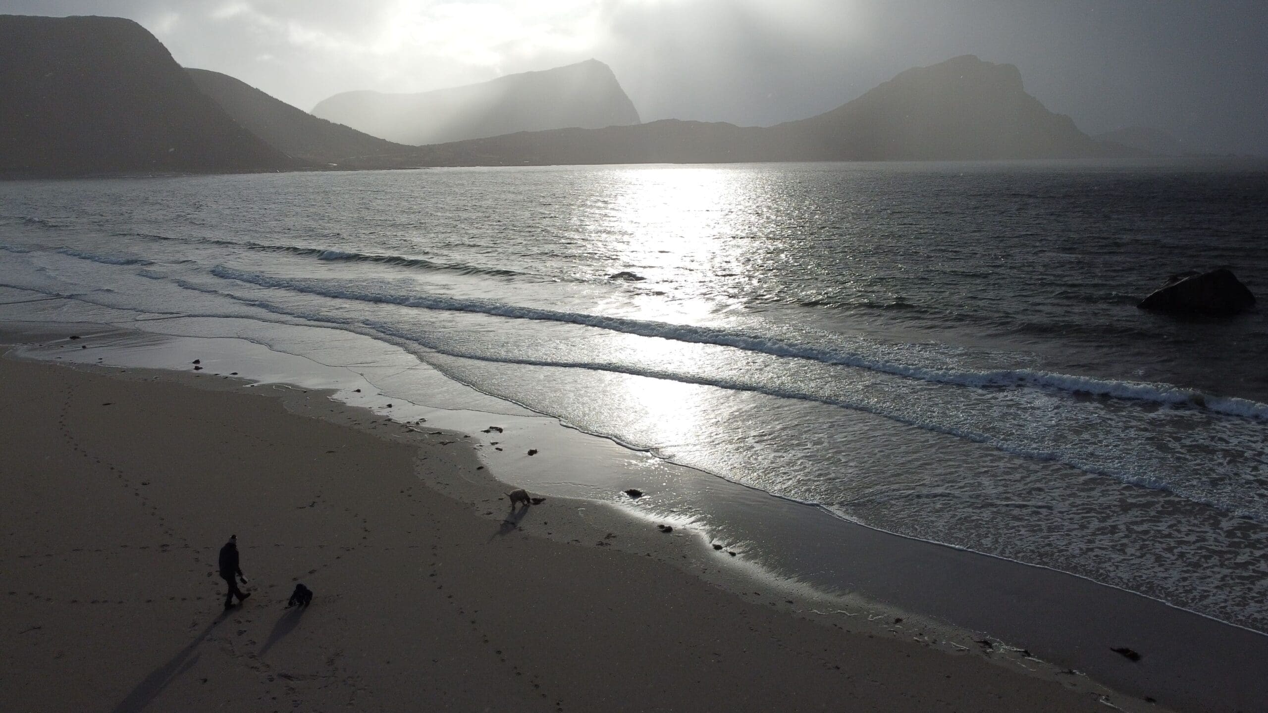 Ombres longues sur une plage des îles Lofoten en octobre au début de l'hiver scandinave