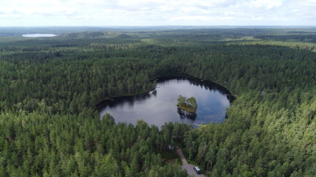 Lac en forme de cœur au cœur d'une forêt suédoise en été lors d'un voyage en van en Scandinavie