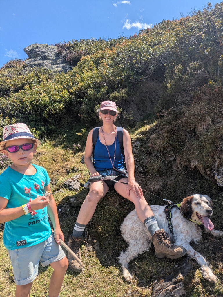 Famille en pause avec son chien haletant pendant une randonnée estivale en montagne.
